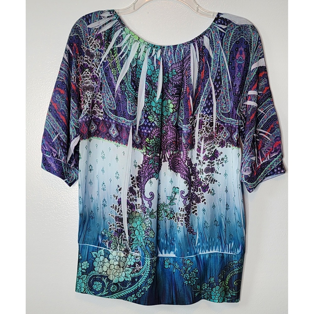 NY Collection Paisley Blouse Sheer Embellished Top‎ Purple Teal S Small - Picture 5 of 7